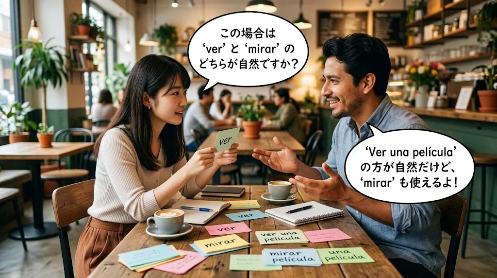 カフェでフラッシュカードを使って会話練習している様子