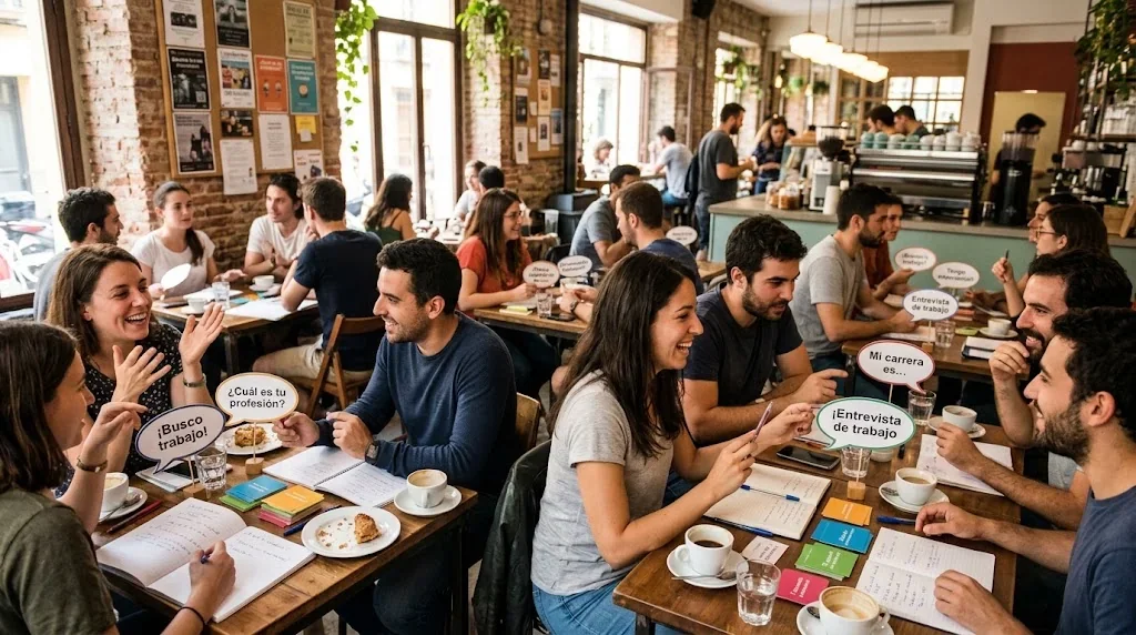 カフェで友人とキャリアフレーズを練習している様子