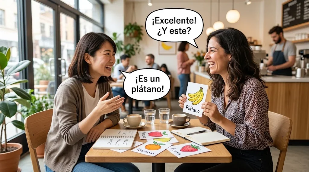 カフェでフラッシュカードを使って会話練習している様子