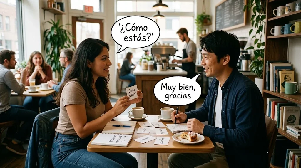 カフェで友人とフラッシュカードを使って会話している様子