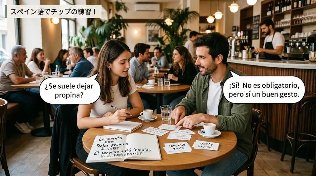 カフェで友人とフレーズを学ぶ楽しそうな様子