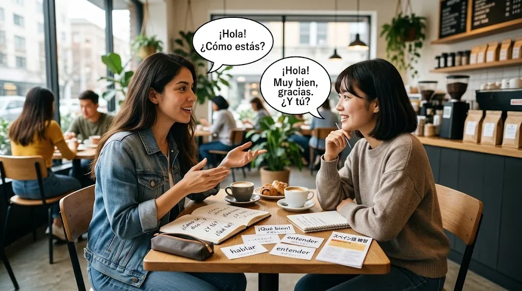 カフェでフレンドリーに会話練習をする学習者とネイティブ