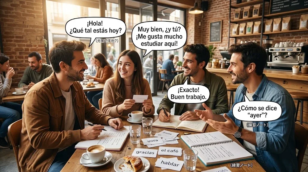 カフェで友人とノートを見ながら会話練習する様子