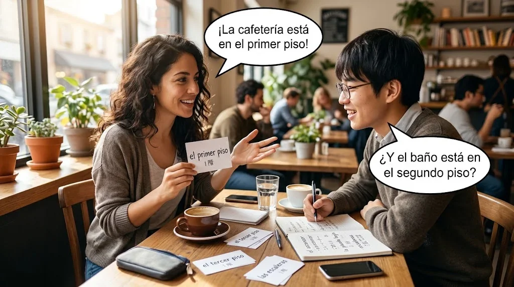 カフェで友人とフラッシュカードを使って会話練習している様子。