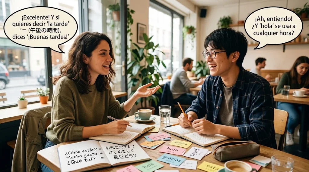 カフェで友人と楽しく会話練習している様子