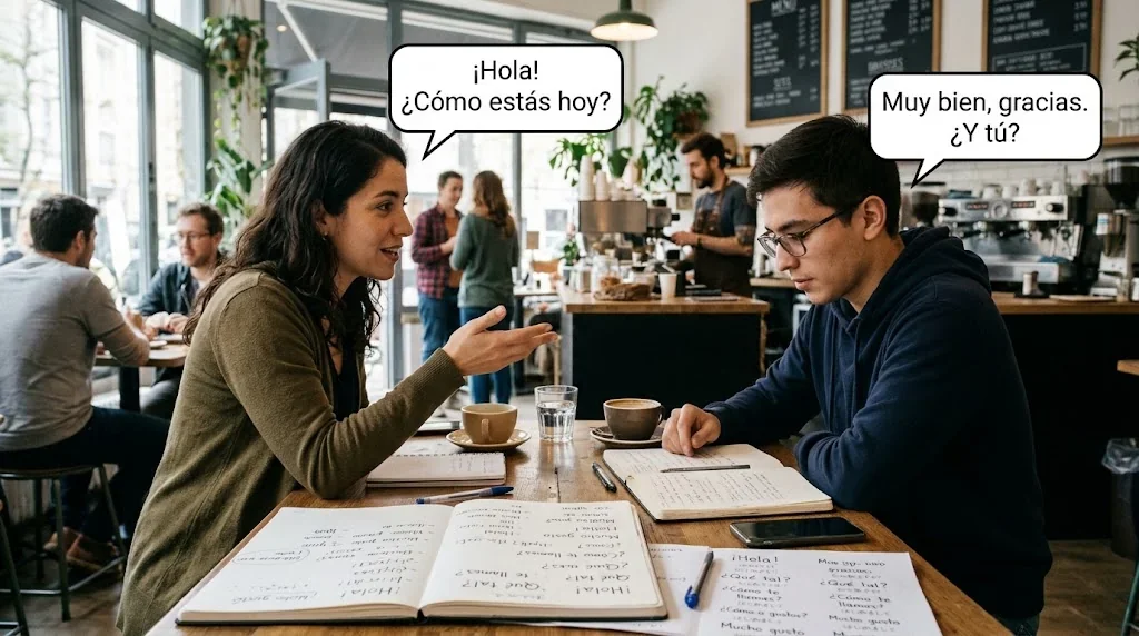 カフェで友人とスペイン語を楽しく練習する様子