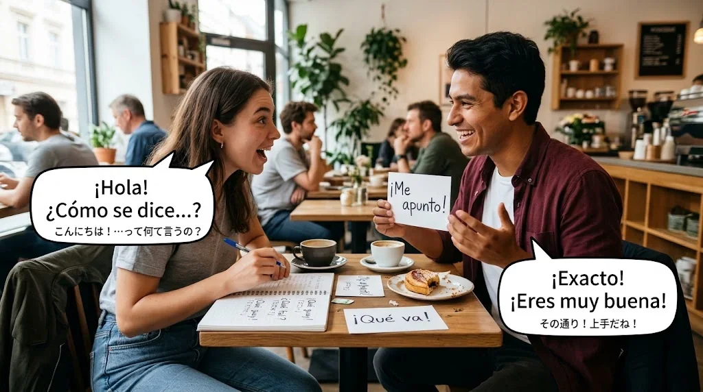 カフェで友人とフラッシュカードを使って会話練習している様子